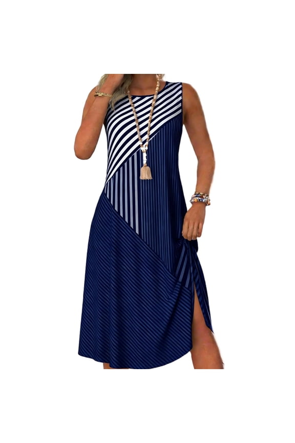 Womens Summer Plus Size Dresses Fashion And Leisure Splicing Sleeveless Round Neck Loose And Comfortable Dress Summer Spring Vacation Clothes