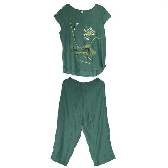 Womens Summer Plus Size Pajamas Set Chinese Lotus Floral Print Short Sleeve Tops Capri Pants Loose Sleepwear Loungewear XL-4XL