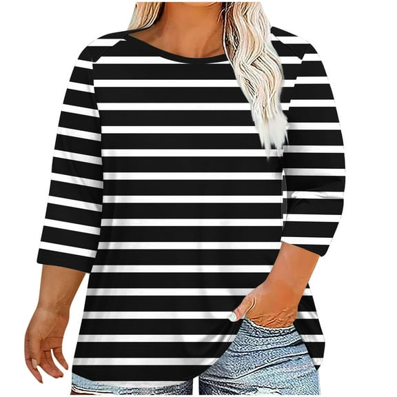 Womens Summer Plus Size Tops 3/4 Sleeve Crew Neck Striped T-Shirts Casual Loose Trendy Lounge Basic Tees Clothes
