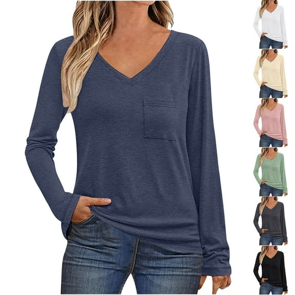 Womens Summer Plus Size Tops Long Sleeved V-neck Solid Color Dark Blue Fresh Classic Tshirts S-3XL