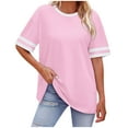thumbnail image 1 of Womens Summer Plus Size Tops Oversized Tshirts Drop Shoulder Short Sleeve Crew Neck Striped Colorblock Tees (L, Pink), 1 of 4