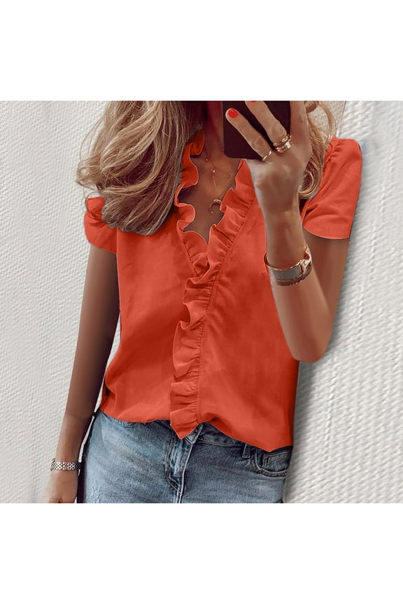 Womens Summer Plus Size Tops Ruffle V-Neck Blouses Shirts Dressy Casual Trendy Loose Fit Short Sleeve Tees Shirts 5XL