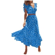 Womens Summer Polka Dots Printed 2 Piece Outfit V Neck Crop Tops and Ruffle Flowy Maxi Long Skirt Set for Beach Vacation