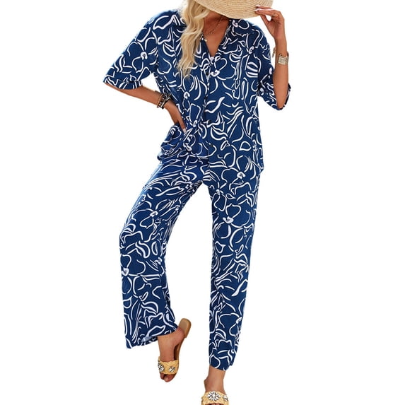 Womens Summer Print 2 Piece Pajama Sets Short Sleeve Button Down Outfit Long Pants Sleepwear Set Navy Blue M