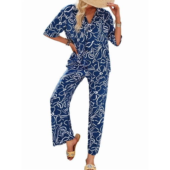Womens Summer Print 2 Piece Pajama Sets Short Sleeve Button Down Outfit Long Pants Sleepwear Set Navy Blue M