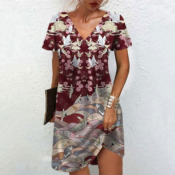 Womens Summer Printing Short Sleeve V Neck Mid Thigh Length Dresses Fashion Dress