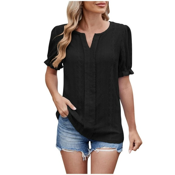 Womens Summer Puff-Sleeve Shirts Short Sleeve V Neck Eyelet T Shirt Casual Loose Hollow Out Work Tops Blouse (Black XXL)