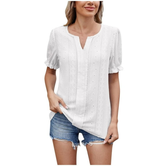 Womens Summer Puff-Sleeve Shirts Short Sleeve V Neck Eyelet T Shirt Casual Loose Hollow Out Work Tops Blouse (White L)