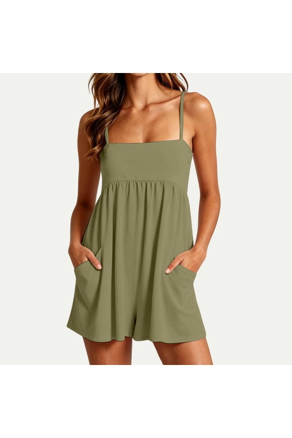 Womens Summer Rompers Beach Vacation Clothes Spaghetti Strap Short Jumpsuits Square Neck Dress with Pockets Army Green S