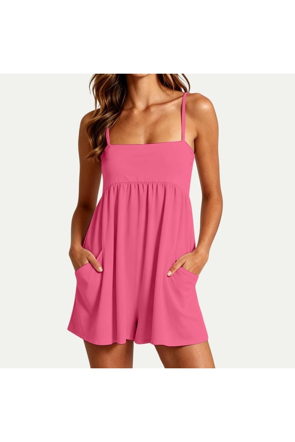 Womens Summer Rompers Beach Vacation Clothes Spaghetti Strap Short Jumpsuits Square Neck Dress with Pockets Hot Pink M