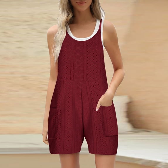 Womens Summer Rompers Dressy Casual Spaghetti Strap Crochet Jumpsuits Solid Color Pocket Beach Outfits for Women, Wine, XL