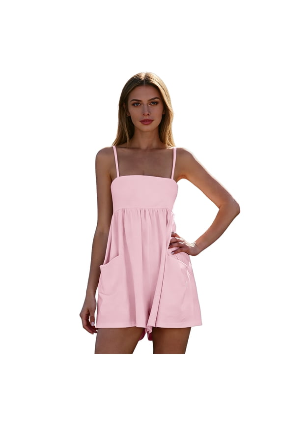 Womens Summer Rompers Spaghetti Strap Hot Shot Overalls Beach Vacation Short Jumpsuits with Pockets