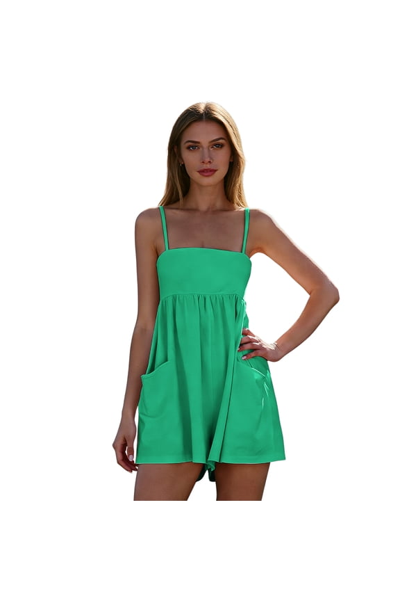 Womens Summer Rompers Spaghetti Strap Hot Shot Overalls Beach Vacation Short Jumpsuits with Pockets