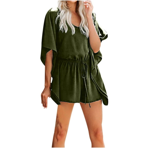 Womens Summer Rompers Trendy V Neck Ruffle Short Sleeve Drawstring Tummy Control Romper Batwing Sleeve Jumpsuits