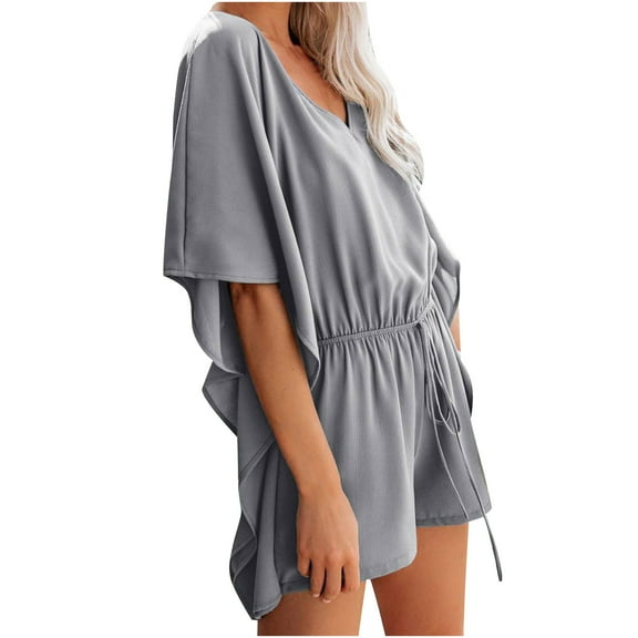 Womens Summer Rompers Trendy V Neck Ruffle Short Sleeve Drawstring Tummy Control Romper Batwing Sleeve Jumpsuits