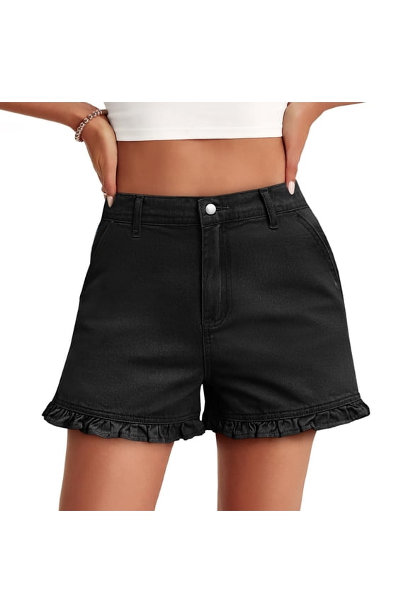 Womens Summer Ruffle Denim Shorts Cute High Waisted Wide Leg Short Jeans with Pockets, S