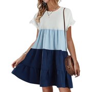 Womens Summer Ruffle Dress Color-Blocked Doll Shirt Loose Swing Casual Mini Dress