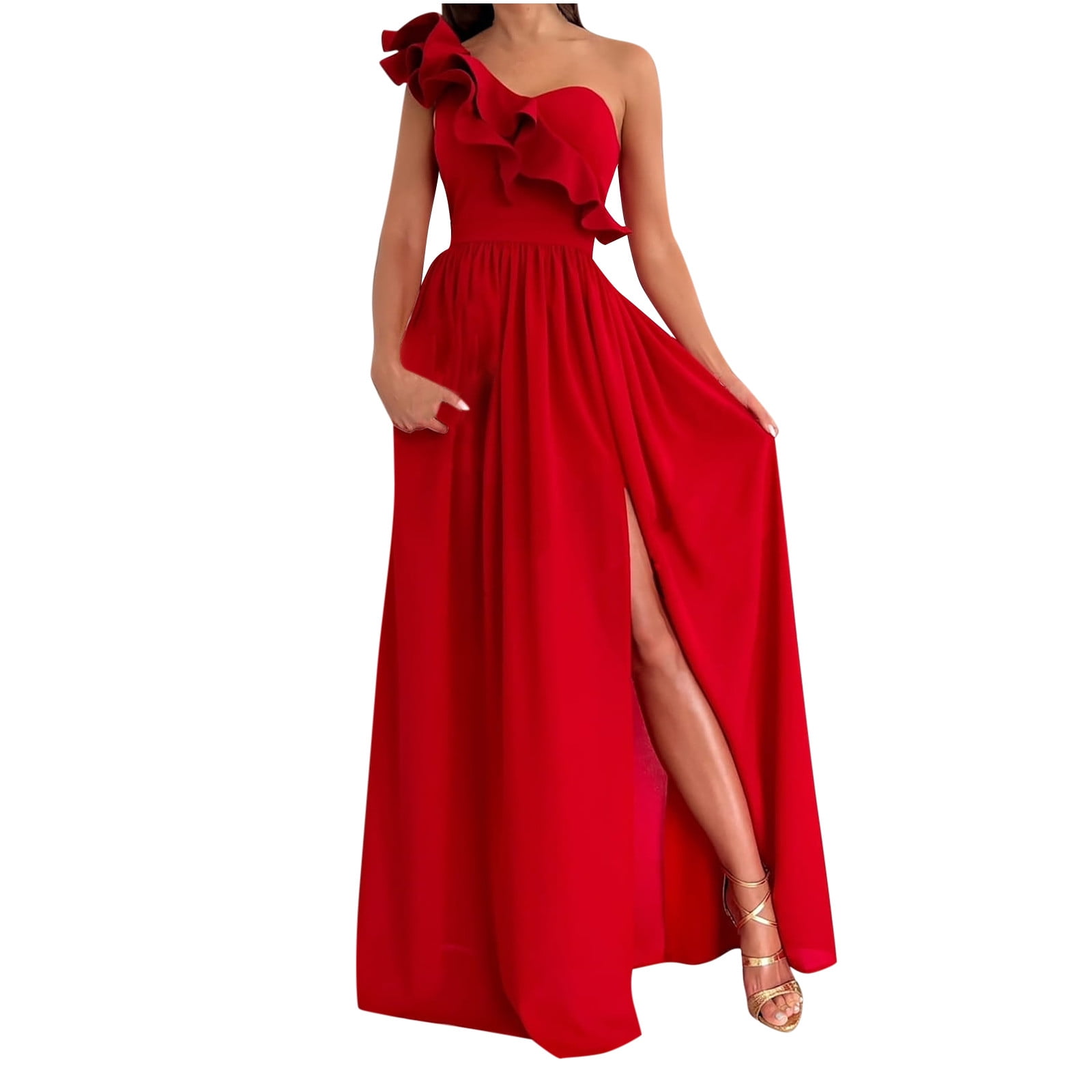 Womens Summer Ruffle One Shoulder Maxi Dresses Elegant Cocktail Party Dress Pleated Side Split Long Formal Dress Walmart