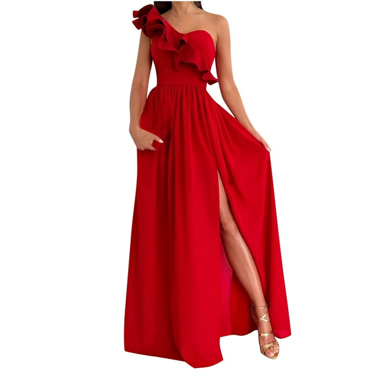 Womens Summer Ruffle One Shoulder Maxi Dresses Sexy Elegant Cocktail Party  Dress Pleated Side Split Long Formal Dress