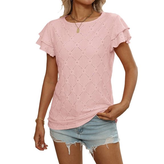 Womens Summer Ruffle Short Crewneck T-Shirt Pink S