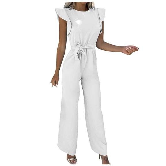 Womens Summer Ruffle Short Sleeve Jumpsuits Solid Casual Loose Blted Wide Leg Work Pants Trousers Rompers with Pockets