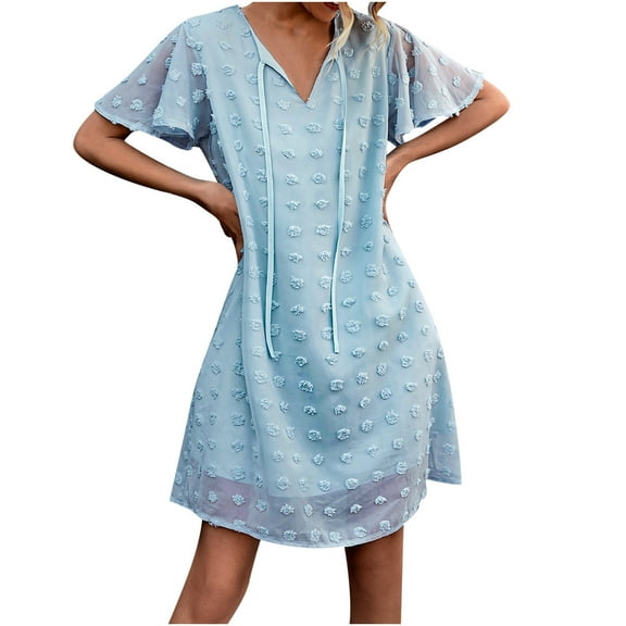 Womens Summer Ruffle Short Sleeve V Neck Mini Dress Chiffon Flowy Short Dress Solid Casual Loose Beach Dress
