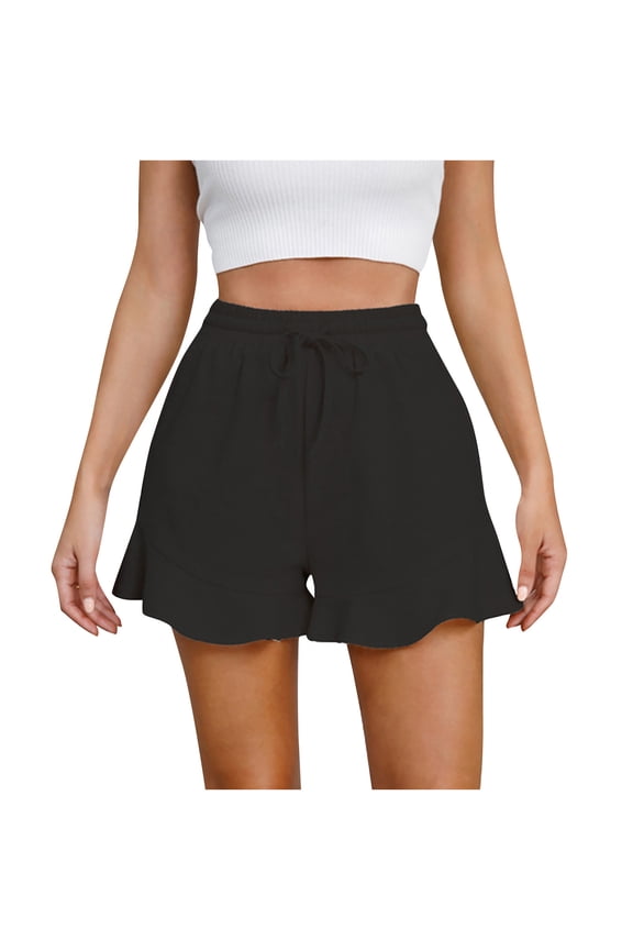 Womens Summer Ruffle Shorts Drawstring Elastic Waist Wide Leg Short Flowy Pants Casual Workout Yoga Loungewear (S, Black)
