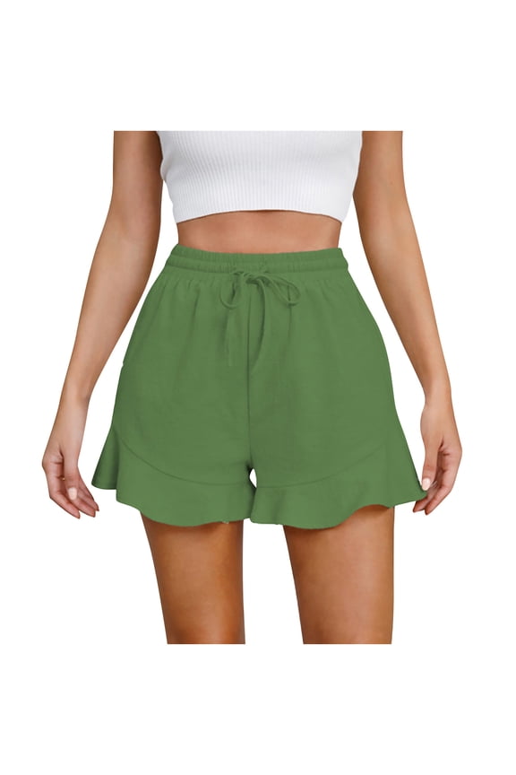 Womens Summer Ruffle Shorts Drawstring Elastic Waist Wide Leg Short Flowy Pants Casual Workout Yoga Loungewear (XL, Green)