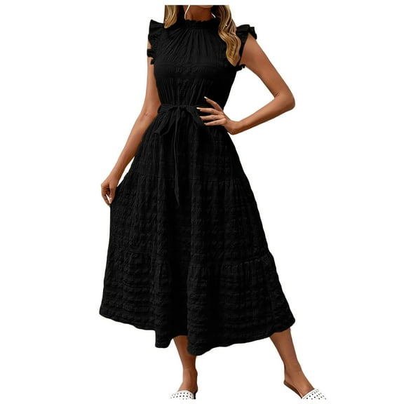 Womens Summer Ruffle Sleeve V Neck Midi Dress 2024 Fashion Casual Fit Flowy Tiered Boho Beach Sundress