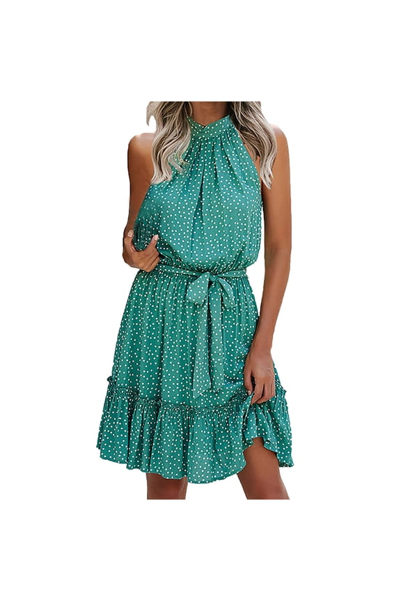 Womens Summer Ruffled Floral Dress Sleeveless Halter Neck Mini Dress Cute Tie Waist A Line Flowy Party Beach Dresses