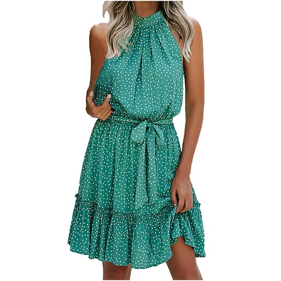 Womens Summer Ruffled Floral Dress Sleeveless Halter Neck Mini Dress Cute Tie Waist A Line Flowy Party Beach Dresses