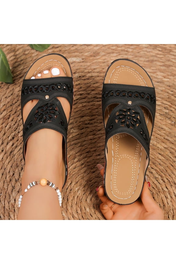 Womens Summer Sandals Dressy Casual Versatile Solid Color Open Toe Trendy One-Strap Slippers Wedge Heels Shoes Beach Sandals Size 6 - Black