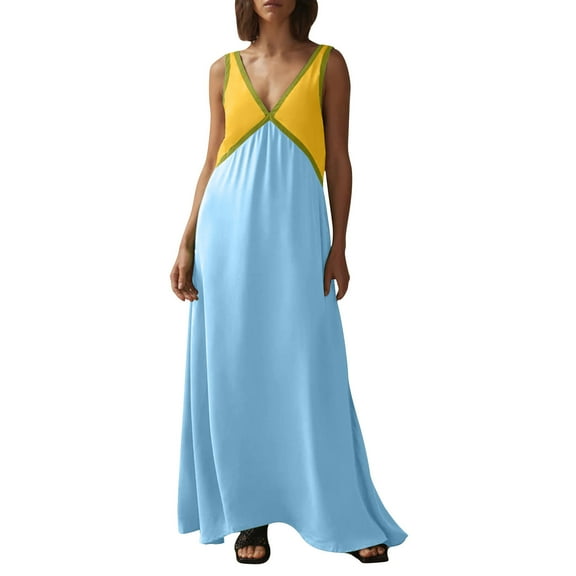 Womens Summer Satin Dress 2025 Color Block Loose V Neck Contrast Patchwork Flowy Beach Vacation Maxi Dresses