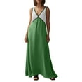 thumbnail image 1 of Womens Summer Satin Dress 2025 Color Block Loose V Neck Contrast Patchwork Flowy Beach Vacation Maxi Dresses, 1 of 7