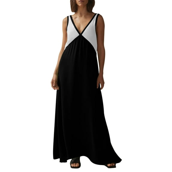 Womens Summer Satin Dress 2025 Color Block Loose V Neck Contrast Patchwork Flowy Beach Vacation Maxi Dresses