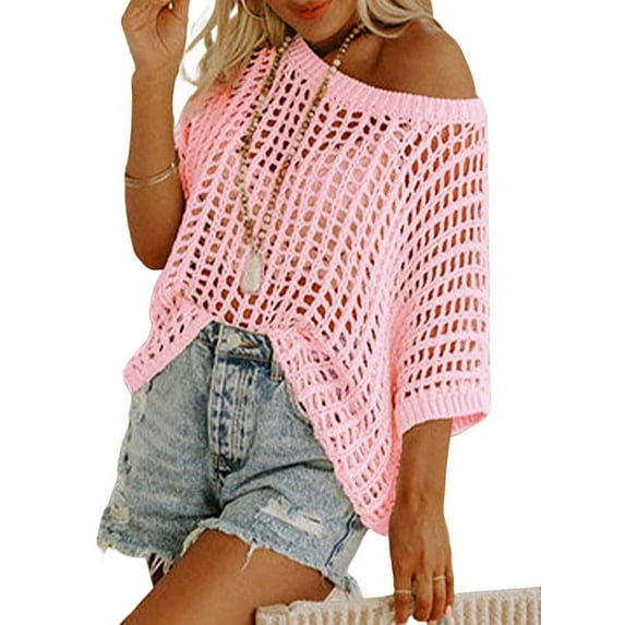 Womens Summer Scoop Neck Short Sleeve Hollow Out Knit Tops Pink L