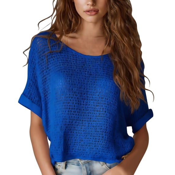 Womens Summer Scoop Neck Short Sleeve Shirts Casual Off The Shoulder Crochet Hollow Out Knit Top Pullover Beach Cover Up Summer Hollow Tops Cap Sleeve Sweater Pullover Cute Beach Vacation Clothes