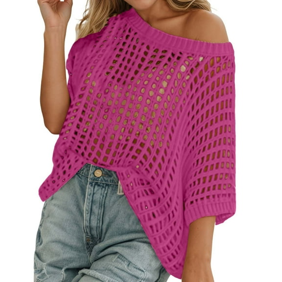 Womens Summer Scoop Neck Short Sleeve Sweater Casual Crochet Hollow Out Knit Tops Pullover Shirts Beach Cover Up Women's Comfort Tee - Soft Cotton Summer Shirt