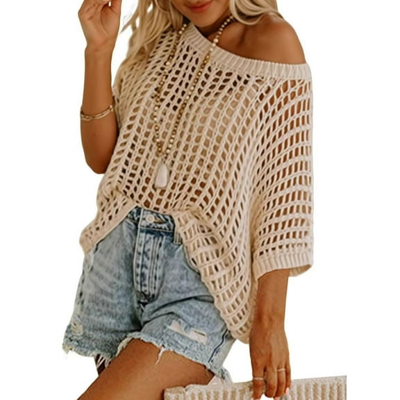 Womens Summer Scoop Neck Short Sleeve Sweater Casual Crochet Hollow Out Knit Tops Pullover Shirts Beach S