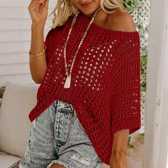 Womens Summer Scoop Neck Short Sleeve Sweater Casual Crochet Hollow Out Knit Tops Pullover Shirts Beach Coverup Womens Summer Boho Tops Red XL