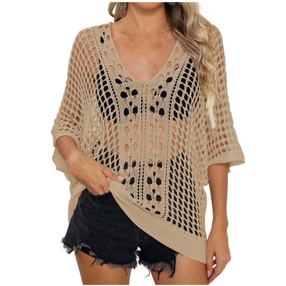 Womens Summer Scoop Neck Short Sleeve Sweater Casual Crochet Hollow Out Knit Tops Pullover Shirts Beach Coverup