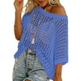 thumbnail image 1 of Womens Summer Scoop Neck Short Sleeve Sweater Casual Crochet Hollow Out Knit Tops Pullover Shirts Beach Coverup, 1 of 6
