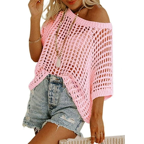 Womens Summer Scoop Neck Short Sleeve Sweater Casual Crochet Hollow Out Knit Tops Pullover Shirts Beach Pink L