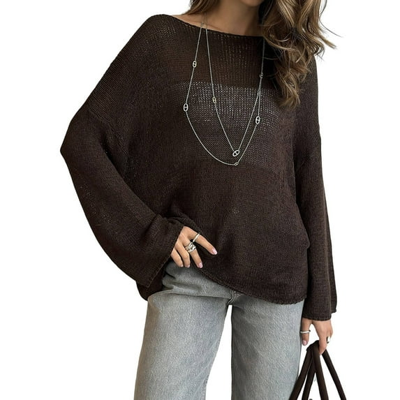 Womens Summer Scoop Neck Short Sleeve Sweater Casual Knit Tops Pullover Shirts Coffee Color L
