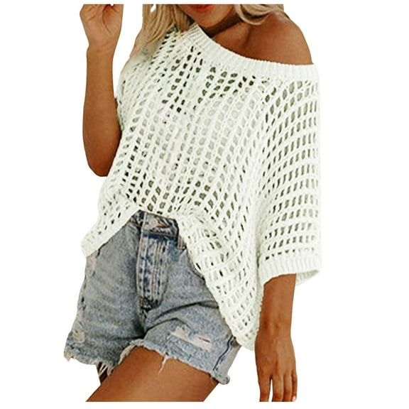 Womens Summer Scoop Neck Short Sleeve Sweater - Crochet Hollow Out, Knit Top, Beach Cover Up, Loose Fit