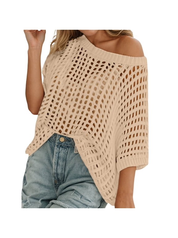 Womens Summer Scoop Neck Short Sleeve Sweater Knitwear Casual Crochet Hollow Out Knit Tops Pullover Shirts Beach Cover Up Relaxed Fit Dailywear