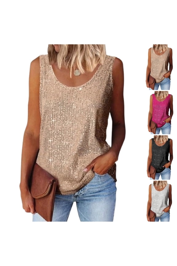 Womens Summer Sequin Tank Top - Sleeveless Scoop Neck Sparkle Shimmer Cami, Wedding Party Outfits Blouse,Champagne XXL