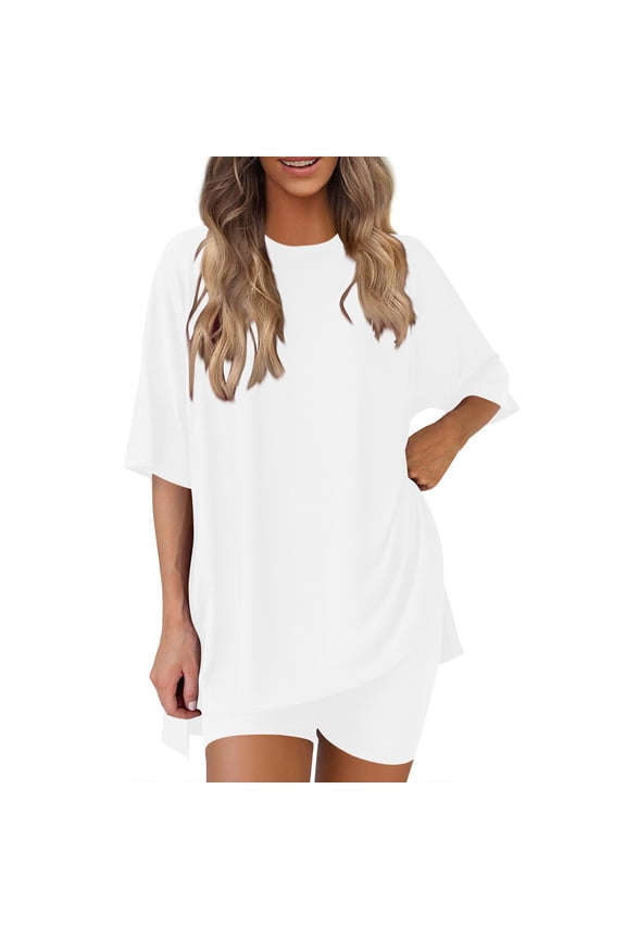 Womens Summer Sets 2 Piece Beach Vacation Outfits Side Split Half Sleeve Top Shorts Knit Workout Sets Sweatsuit