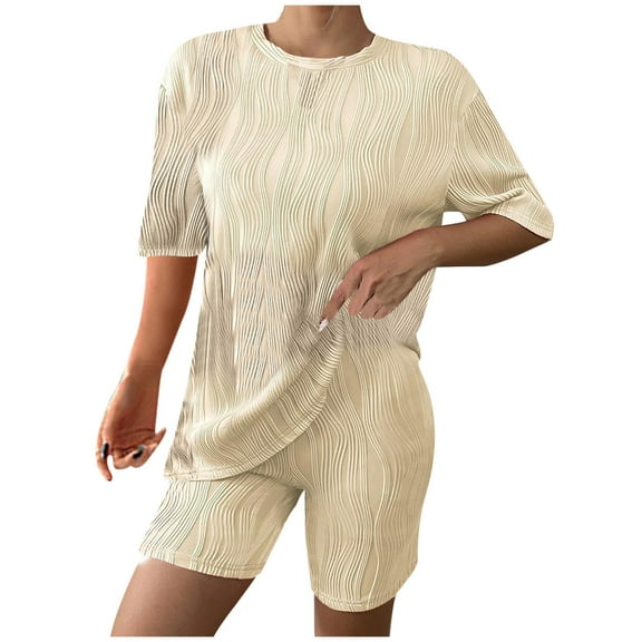 Womens Summer Sets 2 Piece Outfits Solid Color Short Sleeve Top Sets Comfy Crew Neck Casual Shorts Sweatsuits (Beige 2XL)