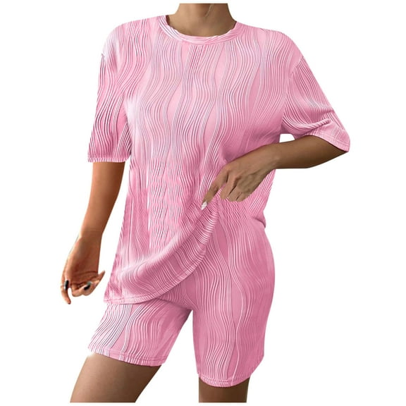 Womens Summer Sets 2 Piece Outfits Solid Color Short Sleeve Top Sets Comfy Crew Neck Casual Shorts Sweatsuits (Pink M)